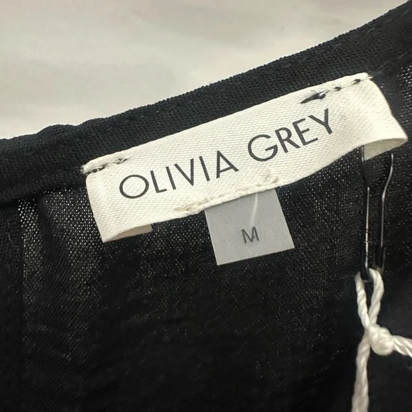 Olivia Grey Daily Look Crepe Romper Size Medium Ruched Sleeve Tie Waist Black - Picture 4 of 6